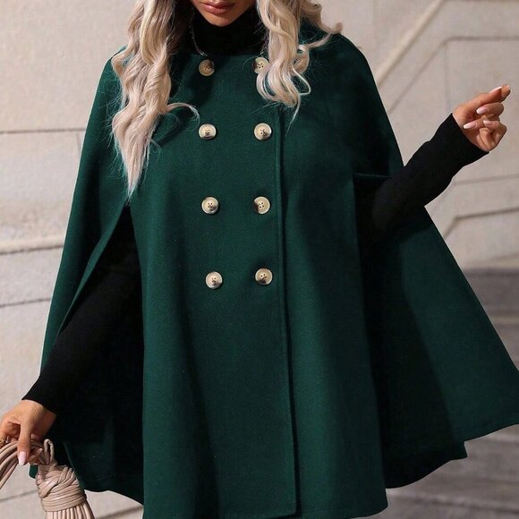 Dark Green Elegant Women's Double-Breasted Mid-Length Cape - Picture 2 of 7